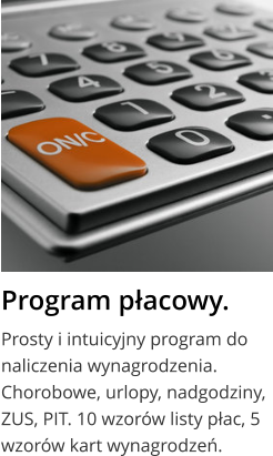 Program płacowy. Prosty i intuicyjny program do naliczenia wynagrodzenia. Chorobowe, urlopy, nadgodziny, ZUS, PIT. 10 wzorów listy płac, 5 wzorów kart wynagrodzeń.